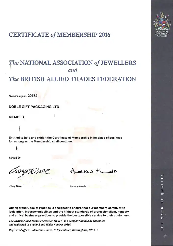 Membership Certificate The National Association of Jewellers and The British Allied Traders Federation - Membership Certificate